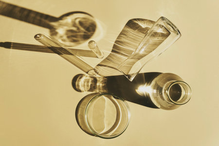 Laboratory glassware and empty petri dish with hard shadow. On a beige table top view.