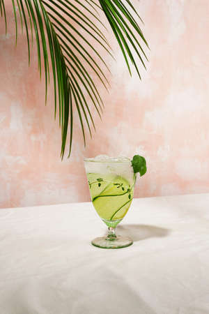 Summer cocktail or soft drink stand on the table with sun shadow. Pink wall and palm leaves background.の写真素材