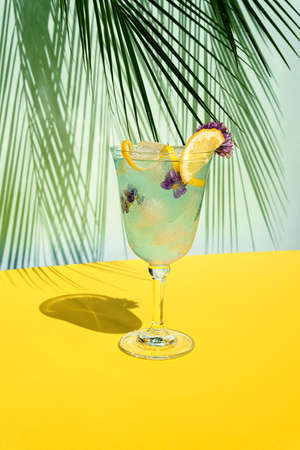 Cocktail blue colored on the table with sun shadows. On a blue and yellow background with palm leaves, front view.の写真素材