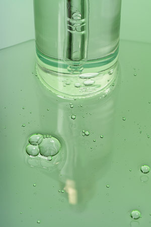 Cosmetic transparent bottle dropper container on a green background with gel liquid. Frontal view.