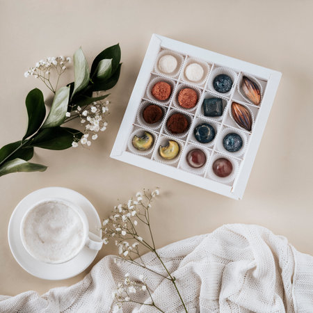 Lifestyle composition in pastel colors with a box of chocolates, flowers and coffee. On a beige background, top view.の写真素材