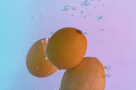 Lemons fall into the water. On the background of gradient pink and blue light