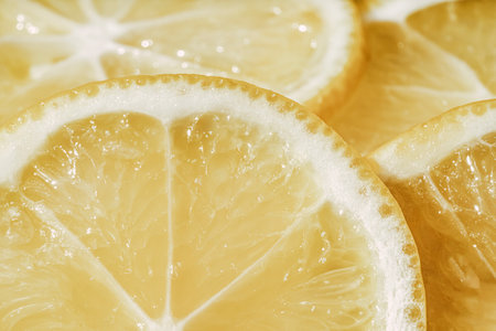 Yellow sliced lemons, selective focus. Background texture of fresh yellow fruits.の写真素材