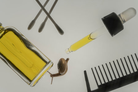 Liquid serum in a bottle with a dropper. Hair skin care concept with snail, serum, cotton buds, pipette, hair comb. On a white background.の写真素材