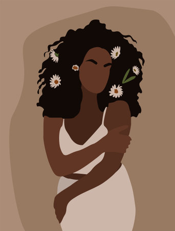Modern Woman Wall Art , Abstract Female Prints, Boho Girl Wall Decor, Mid Century wallpaper design with stylish black girl and daisy flowers in her hair. Vector illustrations in Eaのイラスト素材
