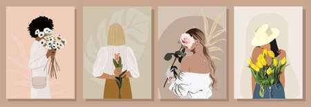 Set of abstract modern vector illustration of beautiful girls different races with flowers. Boho style attractive young women with different skin tones and wearing summer clothingのイラスト素材