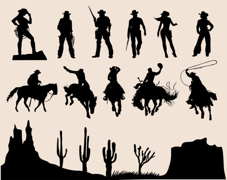Wild west silhouettes - cowboys, cowgirls, cactus, rocks. Western traditional elements. Vector art black and white illustrations isolated on white background.のイラスト素材
