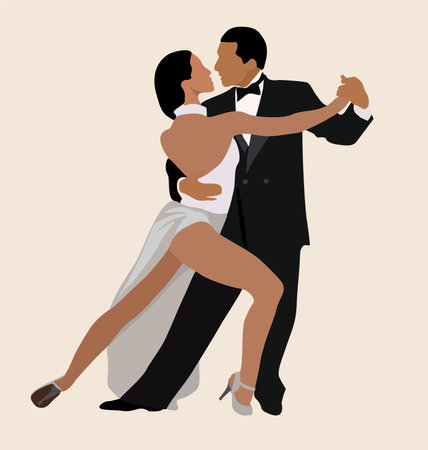 Couple of dancers isolated on white background. Man and woman performing dance at school, studio, party. Male and female cartoon characters dancing tango. vector art illustration.のイラスト素材