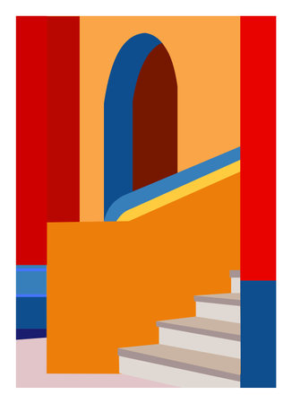Abstract architectural background with bright modern colors geometric pattern. Modern city building vector illustration, cover, template. Trendy design poster, print, social mediaのイラスト素材