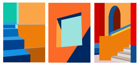 Set of Abstract architectural backgrounds with bright modern colors geometric shapes. Modern building vector illustration, cover, template, poster, etc.のイラスト素材