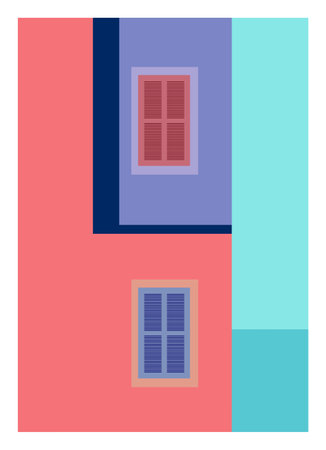 Abstract architectural background with bright modern colors geometric pattern. Modern city building vector illustration, cover, template. Trendy design poster, print, social media.のイラスト素材
