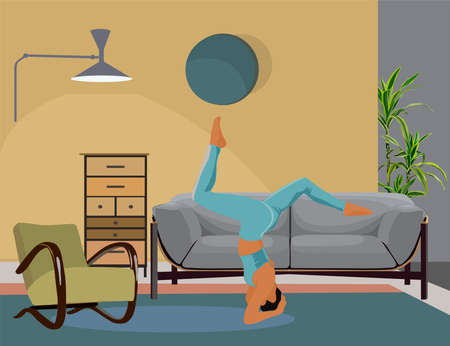 Young woman practicing yoga exercise at home. Mid century modern style room with sofa, chair, plant. Pretty girl wearing sport outfit. Cartoon style flat vector illustration.のイラスト素材