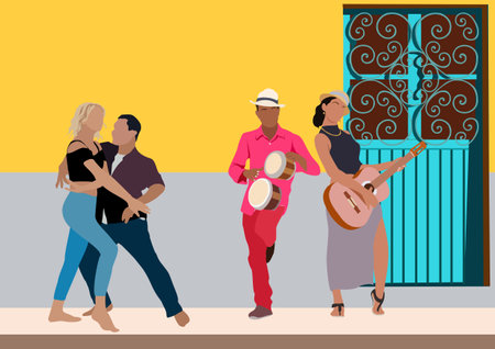 Latin dance. Cuban Musicians and Dancers in salsa, bachata or tango poses dancing on the old street of Habana. cartoon flat vector illustration.のイラスト素材