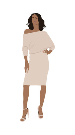 Stylish young business woman wearing beige dress and high heels. Beautiful happy lady boss standing front view. office look. Cartoon style vector realistic illustration.のイラスト素材