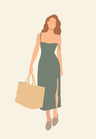 Beautiful young woman wearing modern fashionable clothes green dress with big bag . Street fashion summer outfit. Trendy casual look. Attractive girl cartoon vector illustration.のイラスト素材