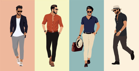 Set of fashion men in modern trendy outfits. Stylish guys with beard wearing casual summer clothes and sunglasses. Colored realistic vector illustrations of fashionable men isolateのイラスト素材