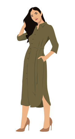 Stylish woman wearing fashion clothes. Girl in office outfit of modern trendy style. Females in formal or casual green dress, business look. character vector realistic illustrationのイラスト素材