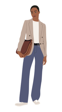 Young business woman standing in formal office outfit - mustard pants and jacket with phone and modern bag. Attractive lady boss business look. Cartoon female character vector.のイラスト素材