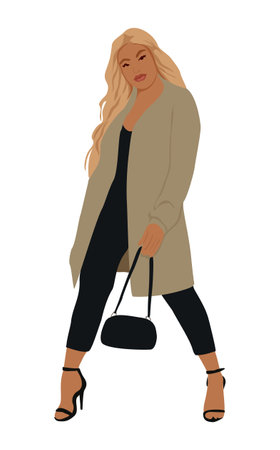 Young business woman standing in formal office outfit with modern bag. Attractive lady boss business look. Cartoon female character vector realistic illustration.のイラスト素材