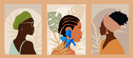 Modern Woman Wall Art collection, Abstract Female Prints, Boho Girl Wall Decor, Mid Century wallpaper design with stylish black women and tropical leaves. vector illustrations.のイラスト素材