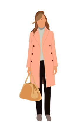 Fashion girl wearing street style trendy outfit. Modern young woman in autumn or winter clothes - peach coat with bag. Attractive female character vector realistic illustration.のイラスト素材
