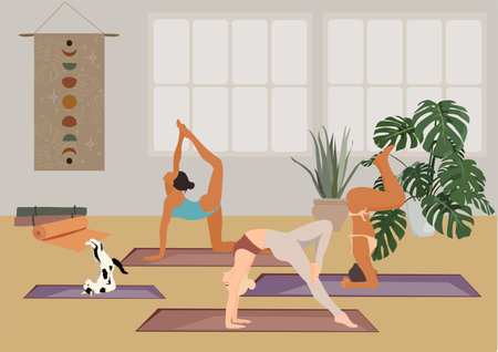 Group of sporty girls exercising together. Scene with young women and cute cat standing in asana during yoga fitness class . Colored flat vector illustration.のイラスト素材