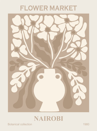 abstract flower poster. Trendy botanical wall art with floral design in danish pastel colors. Modern hippie naive groovy funky interior decoration, painting. vector illustration.のイラスト素材