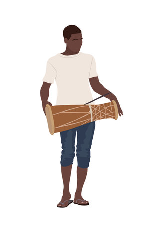 Latin musician. Young black man with drum. Cuban, brazilian, latin american, african character. Drawing for poster, flyers, party invitations and cards. Vector art realistic illustrationのイラスト素材