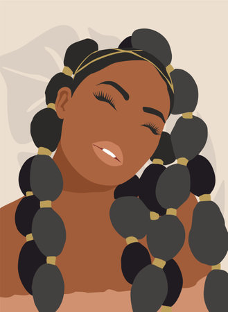 Abstract women portrait. Beautiful girl with afro hairstyle. Fashion vector illustration bohemian style isolated on neutral background. Templates for printable wall art, cards, posのイラスト素材