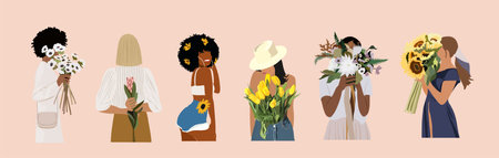 Set of abstract modern vector illustration of beautiful girls different races with flowers. Boho style attractive young women with different skin tones and wearing summer clothingのイラスト素材