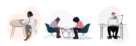 Business People Characters in Coworking Place. Businessman and Businesswoman Working and Meeting in Open Space Office. Coworkers and Freelancers. flat vector illustrationのイラスト素材