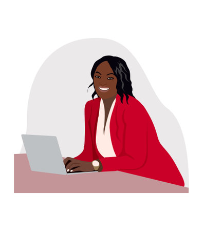 Business woman in red suit working on laptop. Attractive lady boss wearing formal office outfit. Beautiful female character vector realistic illustration isolated on whiteのイラスト素材