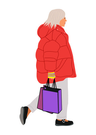 Stylish senior woman going with shopping bags.のイラスト素材