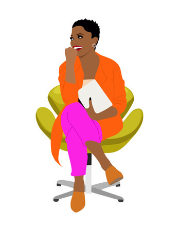 Smiling black business woman sitting in a chair with tablet. Pretty african american girl in bright modern business outfits. Cartoon style vector realistic illustration isolated on white backgroundのイラスト素材