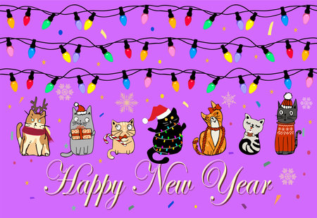Happy New Year 2023 greeting card, background, banner with Christmas lights, cute funny cats wearing Santa hat, ugly sweater, holding gift, candy cane and hand writing text. horizontal illustrationのイラスト素材