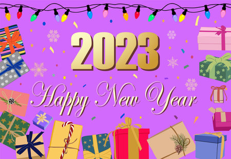 Happy New Year 2023 greeting card, background, banner with Christmas lights, a lot of different Xmas gift boxes wrapping in festive paper and hand writing text. horizontal cartoon vector illustrationのイラスト素材