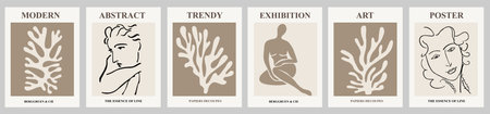Set of abstract posters in modern beige and black colors. Trendy Matisse inspired contemporary wall...