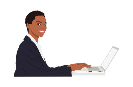 businesswoman character sitting and working on laptop. Pretty young black woman wearing formal suit in office. Attractive African lady boss. Vector realistic illustration isolated on white background.のイラスト素材