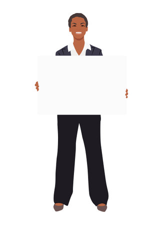 Businesswoman character standing with blank placard. Pretty young black woman wearing formal suit, high heels. Attractive African lady boss. Vector realistic illustration isolated on white background.のイラスト素材