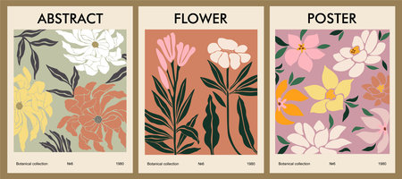 Flower Market poster set. Trendy botanical wall art, abstract floral design in earth colors. Modern naive groovy hippie vintage interior decoration, painting. Retro 70s, 80s, 90s Vector illustration.のイラスト素材