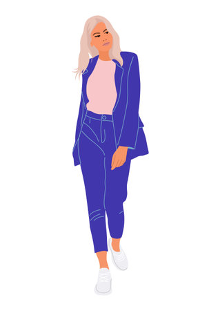Attractive blonde business woman. Realistic illustration of standing cartoon pretty woman in smart casual office outfit - blue suit and sneakers. Female character isolated on white background.のイラスト素材