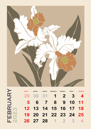 Floral calendar template for February 2023. Vertical design with abstract Iris flowers. Vector illustration page template A3, A2 for printable wall monthly calendar. Week starts on Monday.のイラスト素材