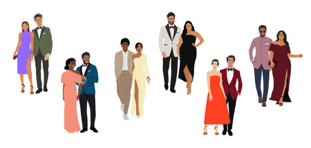 Diverse of multiracial and multinational couples wearing evening formal outfits for celebration, wedding, event, party. Happy men and women in gorgeous clothes vector realistic illustration isolated.のイラスト素材