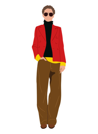 Beautiful business woman vector Realistic illustration. Pretty young girl in smart casual office outfit - red jacket, black sweater, brown pants. Cartoon female character isolated on white background.のイラスト素材