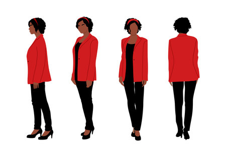 Black businesswoman character vector illustrations set. Female african american, latin office worker in formal outfit - black pants, red jacket, standing in different poses, front, back, side view.のイラスト素材