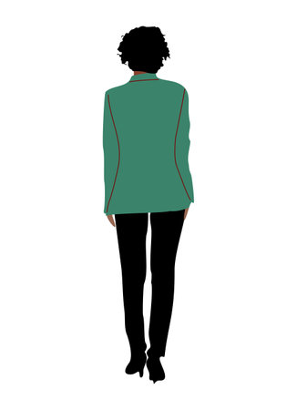Black businesswoman character vector illustration isolated on white background. Female african american, latin office worker in formal outfit - black pants,green jacket, standing back view.のイラスト素材
