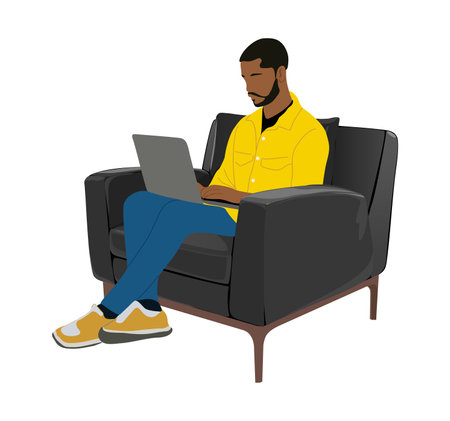 Black Business man, entrepreneur sitting on armchair, working on laptop computer. Handsome african american guy in smart casual outfit. Realistic Vector illustration isolated on white background.のイラスト素材