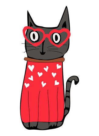 Adorable valentines cat. Cute kitty with Romantic Valentines Day decorations - heart shape glasses and sweater with small hearts. Pet vector illustration for greeting card, poster. digital sticker.のイラスト素材
