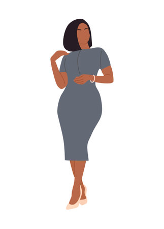 Attractive black business woman. Pretty african american, latin girl in stylish office outfit, gray dress and high heels. Modern lady boss vector realistic illustration isolated on white background.のイラスト素材