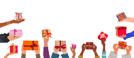 Different female and male hands holding gift boxes vector illustration isolated.のイラスト素材